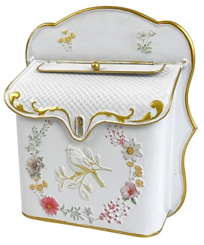 WAMJ AQDY Briefkasten Landhaus, Briefkasten Retro, für Garten und Terrasse, Antik Stil, Nostalgischer Charme, Deko für Zuhause, Vogelmuster, Weiß