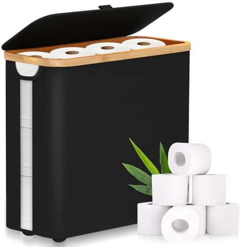 MKAKYES Cestino per Carta Igienica con Coperchio, 28L Contenitore Carta Igienica, Resistente All'acqua Cestino Porta Carta Igienica, Organizer da Bagno per 9-12 Rotoli di Carta, Nero