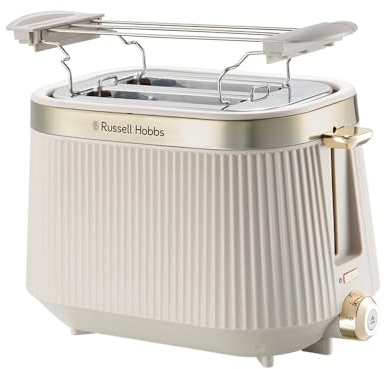 Russell Hobbs Grille pain [pour 2 tranches] Brontë Stone (6 réglages, finition gris pierre mate,accents dorés, décongélation, réchauffage,surélévation,Lift et Look,support pour petits pains) 26761-56