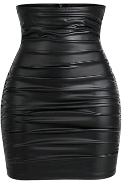 GORGLITTER Women's High Waisted Ruched Fitted Tummy Control Skirt Dressy Casual Leather Bodycon Mini Skirt Black X-Large