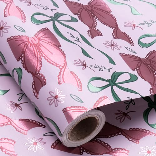 Larcenciel Süße Schleife Geschenkpapier Rolle, 10 m x 43 cm Perlglänzende Rosa Geschenkverpackung, Metallic Glitter Geschenkpapier Mädchen für Valentinstag, Muttertag, Hochzeit, Geburtstag, Babyparty