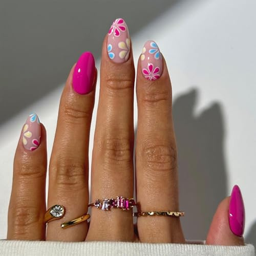 24PCS Flower Almond False Nails Short Oval, Short Almond Acrylic Nails Full Cover Stick on Nails, Fresh and Lovely Flower Design Press on Nail for Women Girls Manicure Decoration