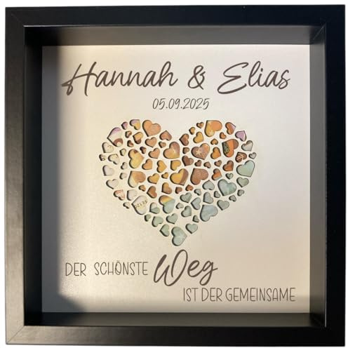 Geldgeschenk zur Hochzeit im Bilderrahmen Herzen | Geldgeschenk Personalisiert mit Namen und Datum (Schwarz & Weiß, Der schönste Weg)