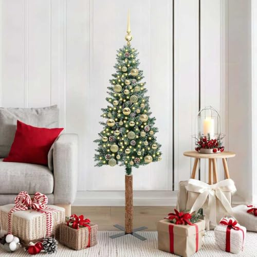 Albero di Natale Artificiale Sottile in PVC con Tronco in Legno e 150 LED Bianco Caldo, Design con Pigne e Palline, Albero di Natale con Luci Incorporate, Verde e Bianco, 150 cm,3394890