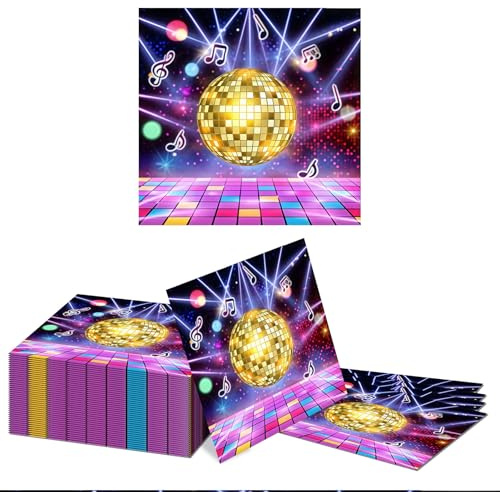Kotkiddy 40 Pezzi Disco Decorazione Servietine Colorate 33x33cm Pallina da Discoteca Oro Party Servietine di Carta 70er 80er 90er Compleanno Pallina da Discoteca Decorazi
