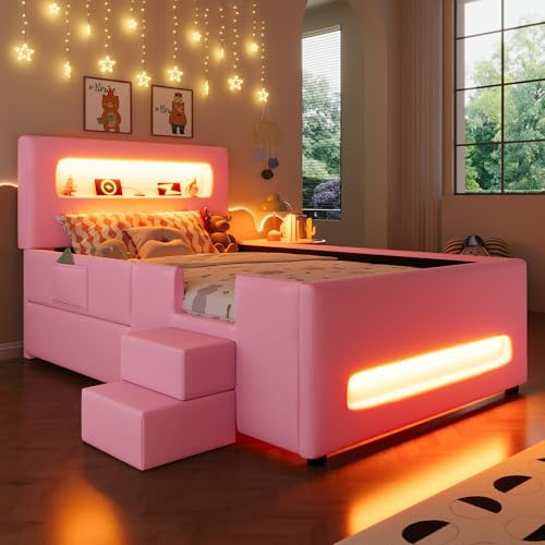 Dolamaní Modern Jugendbett 90x200 cm Polsterbett mit LED-Lichtleisten, Bett mit Lattenrost & Schubladen, Polster Kopfteil mit Ablagefach, Kunstleder, Kinderbett für Jungen & Mädchen (Rosa)