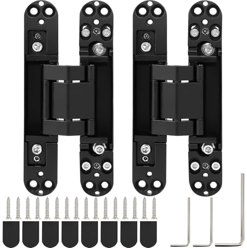 2 Pack 6 Inch Invisible Door Hinges, 3-Way Adjustable 180° Swing, Black | Up to 40 kg per Pair; Zinc Alloy; Pins and Screws Included; Perfect for Secret Doors, Cabinets, Bookcases and Wooden Doors