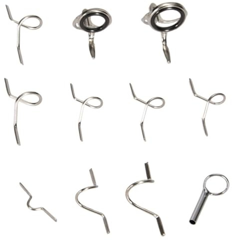 Opatiny Juego de guías de caña de pescar con mosca con guías duras de acero inoxidable y anillo de punta, gancho para reparación de caña, kit de 11 piezas