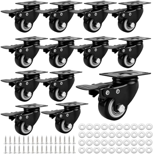 JIAYUET 12 Stück 40mm Schwerlastrollen Set, Schwarz Lenkrollen mit Bremse und Doppelten Kugellagern, 360 Grad Drehen Möbelrollen für Möbel, Werkbänke, Garagen