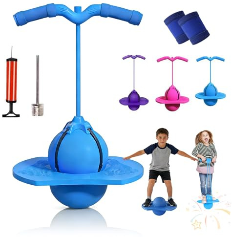 Pogo Jumper Ball for Kids & Adults, Balance Jumping Ball with Handle and Pump, Bounce Jump Trick Board, Strong Grip Deck Sticks for Boys & Girls, Exercise Balance Coordination Ability (Blue)