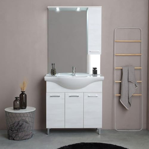 Generico IDEAL CASALINGHI - Mobile Bagno a Terra 85 cm | Lavabo in Ceramica | Specchio con Pensile e Faretti a LED | 3 Ante | Lavabo | Completo Moderno, Quercia Bianco, 85 CM, Legno, Rovere bianco