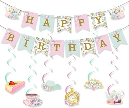 Afternoon Tea Party Decorations, Teapot Banner And Swirls | Floral Hanging Set For Afternoon Tea, Outdoor Events And Home Celebrations