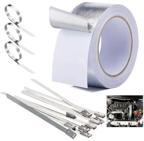 Hitzeschutzband Auspuff 20M x 5cm, Auspuff Dichtband, Hitzeschutzband Selbstklebend mit 20 Kabelbindern, Auspuff Reparaturset für Schlauch und Auto Motorrad Krümmer