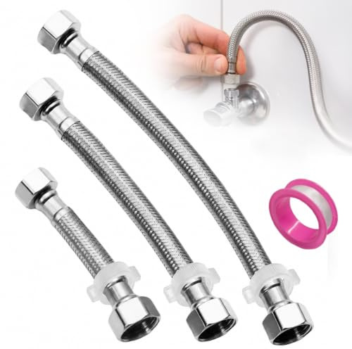 3 Stück G1/2 Flexschlauch 10cm/20cm/30cm,Überwurf | Beidseitig Panzerschlauch G1/2 Anschlussschlauch Armatur Flexibler Wasserhahn Schlauch für Eckventil Bad WC