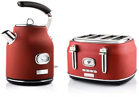 Westinghouse Retroline Frühstück-Set Rot, Toaster & Wasserkocher, 1.7 Liter, Kalkfilter & Überhitzungsschutz, Vier Schlitz Toaster mit Brötchenaufsatz & Krümelschale