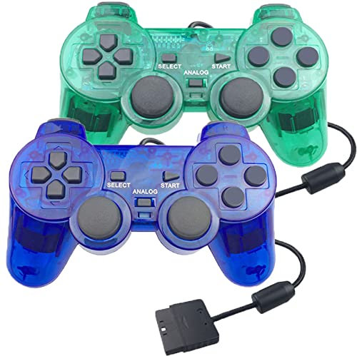 Hovlian 2 Pack PS2 Wired Controller,Double Shock Gamepad Compatible with PS2 Controller (Clear Blue and Clear Green)