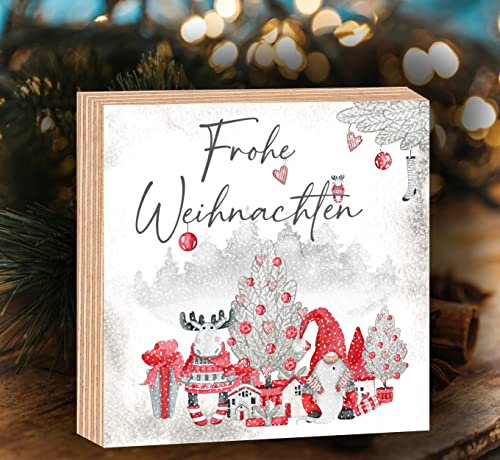 Holzbild Frohe Weihnachten Herzlich Willommen Gnome Merry Christmas Wasserfarben 15x15x2cm zum Hinstellen/Aufhängen 3D, echter Fotodirektdruck auf beschichtetes Birkenholz (Frohe Weihnachten)