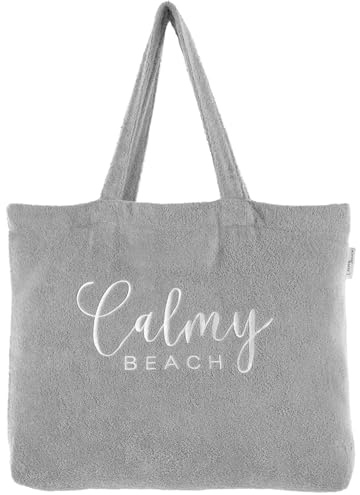 CalmyBEACH Sac de plage XXL en tissu éponge - 100 % coton - Grand sac de shopping pour homme et femme avec compartiment intérieur et longues anses de transport, gris, XL