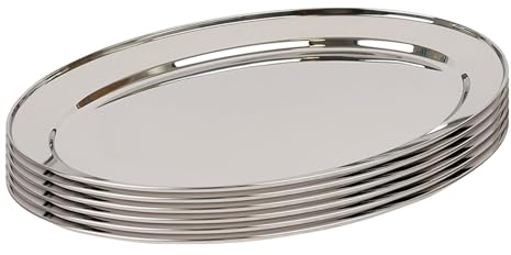 Argon Tableware 50 x 35cm Serving Platters - 6 Pack - Stainless Steel Chrome Dinner Tray Oval Plate Large Appetizer Serving Dishes for Party, Events, Table Service, Snack Platters