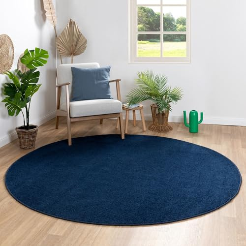 Steffensmeier Kurzflor Teppich Ibiza - Rund | Rund | Wohnzimmerteppich | modern | strapazierfähig und pflegeleicht | Blau | Größe: Ø 150 cm