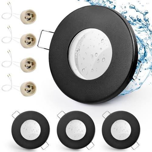 GeyouLux 4x Spot LED Encastrable IP65 Cadre Avec Douille GU10, Spots de plafond en Fer Noir, Rond plat Spots Salle de bain spot cadre d'encastrement 68mm pour extérieur- intérie