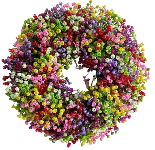 Corona para puerta exterior, 40 cm, corona de puerta para todo el año, gypsophila artificial, corona para puerta de verano, decoración de la puerta del hogar, flores secas, para casa, dormitorio,