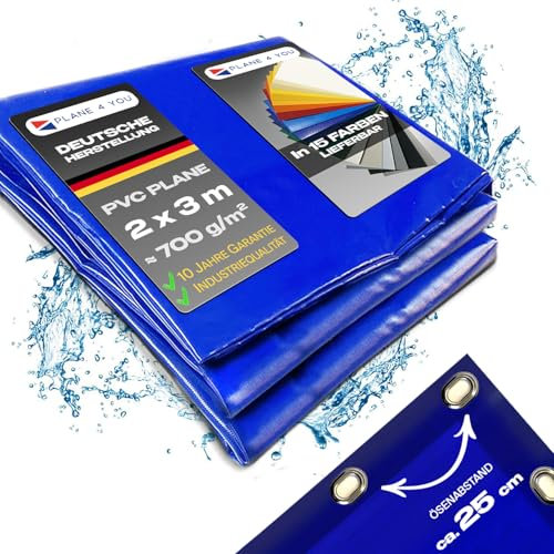 Abdeckplane Wasserdicht 2x3m mit Oval Ösen I Ösen-Abstand Jede 25cm I Blau - Glänzend I Abdeckung für Gartenmöbel, Sandkasten, Pool und Boot I PVC LKW Plane Meterware I mit Randverstärkung