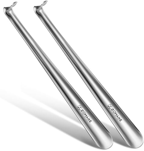 ZOMAKE Skohorn Metall 42CM,2ST Skohorn Metall Långt Handtag Lat Sko Helper Tjock Handtag,Extra Lång Sko Sked Med Krok För Män Kvinnor Äldre Barn (Silver)
