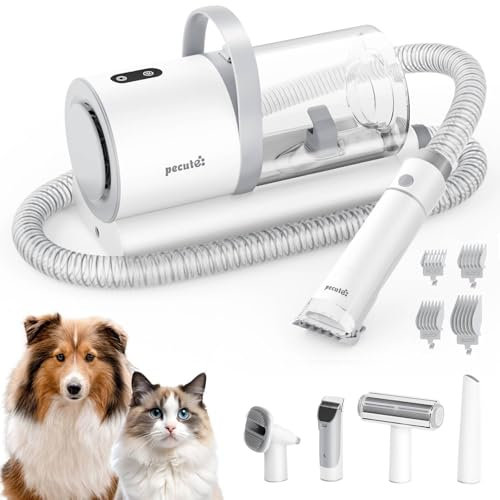 Pecute Aspira Peli Cane, Aspirapolvere Potente per Cani, 12000 Pa, 4 in 1 Professionale Kit Toelettatura Cane, Succhia Il 99,99% dei Peli di Cani e Gatto, 1,5L con 4 Accessori per La Cura, Bianco
