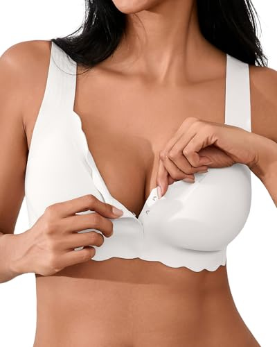 SHARICCA Damen Vorderverschluss BH - Ohne Bügel V Ausschnitt gewellte Ränder Push up BHS Soft Bequem Nahtloser Bralette(White-1P03-M)
