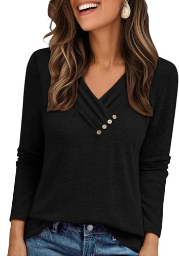 Cuptacc Pull Femme À Manches Longues Col V Bouton Décoratif Élégant Confort Haut Femme Unie Doux Grandes Tailles Longue Thermique Pulls Noir M