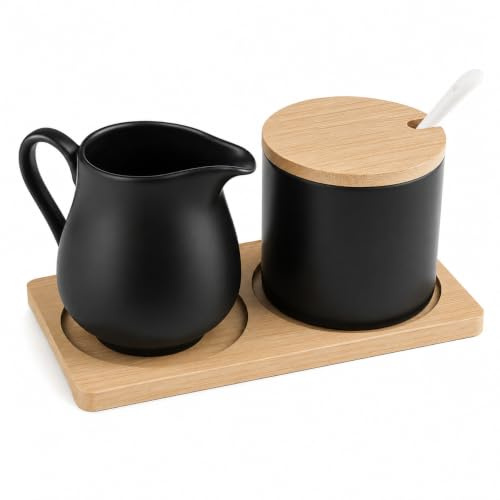Milch und Zucker Set mit Deckel und Löffel, Milchkännchen Schwarz Keramik und Zuckerdose mit Holz Tablett, Spülmaschinen- und Mikrowellengeeignet