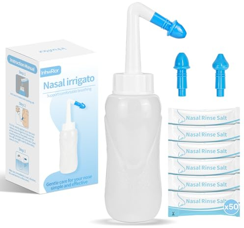 InhwRior Nasal Rinse Kit,300ml Bottle + 50 Saline Packets(2.7g/300ml),Neti Pot for Sinus Relief,2 Nozzles, for Adults & Kids