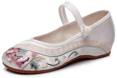 Women’s Chinese Embroidered Shoes Floral Traditional Cheongsam Mary Jane Dress Shoes Canvas Ballet Flats US4.5 White