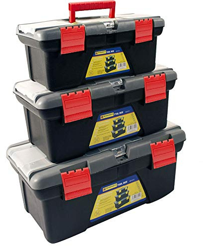 BARGAINS-GALORE® 3PC PLASTIC TOOL BOX CHEST SET HANDLE TRAY & COMPARTMENT DIY STORAGE TOOLBOX BAG NEW | EACH TOOLBOX HAS TWO REMOVABLE TRAYS | STRONG ROBUST LONG LASTING