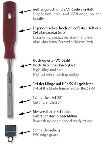 STUBAI Stechbeitel mit rotem Plastikgriff & extra langer Klinge, Ø 40 mm, Stemmeisen zur präzisen Bearbeitung von Holz hochwertiges Werkzeug für Schreiner Tischler Heimwerker