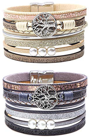 FGFD&OU Lederarmband Damen Herren Leder Wickelarmbänder Baum des Lebens Armband mit Magnetverschluss aus Edelstah Bracelet für Frauen & Mädchen (Beige + Grau)