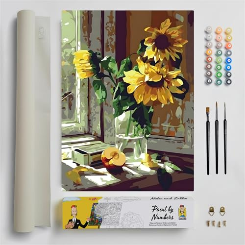 DonElton Pintar por Números para adultos Flores - 40x50 cm Kits de pintura con Pinceles, colores acrílicos y lienzo de lino, Sin marco - Regalo creativo (Girasol)