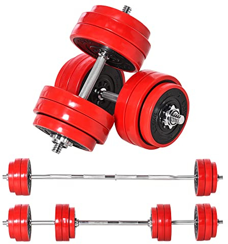 HOMCOM 20/30 KG Hantelset 2-IN-1 Verstellbar Rot Schwarz 21,5x21,5x3,8 cm | Hanteln&Langhanteln, Gewichtheben, für Zuhause, Fitness, Muskel