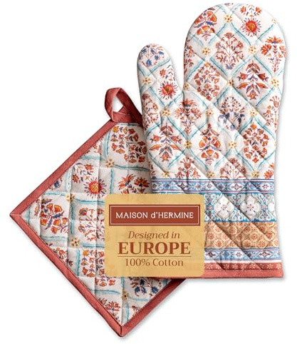 Maison d' Hermine Ofenhandschuh und Topflappen, 100% Baumwolle, hitzebeständiger Ofenhandschuh(19cm x 33cm) & Topflappen(20cm x 20cm) für Köche, Romane – Erntedankfest/Weihnachten