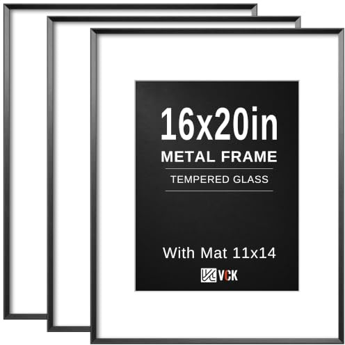 VCK Black 16x20 Picture Frame Metal for Wall, 3 Pack Aluminum Poster Frame with Real Glass, with Mat for 11x14 Photo or 16x20 without Mat, Great for Wall Arts, Prints