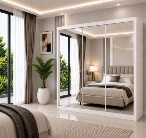 IE INTERIOR EMPORIUM Modern Milan Double Mirror Sliding Door Wardrobe in 6 Sizes& 4 colors (250cm, White)