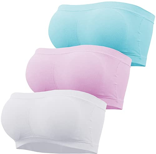GXIN 3 stycken damer axelbandslös bandeau bh vadderad sömlös braletter stretchig bandeau tub top behås, Vit, rosa, blå, XL