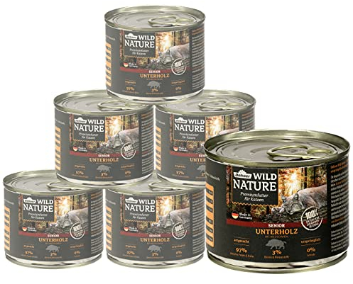 Dehner Wild Nature Katzenfutter Unterholz, Nassfutter getreidefrei / zuckerfrei, für ältere Katzen, Wildschwein, 6 x 200 g Dose (1.2 kg)