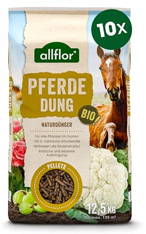 Allflor Pferdedung gekörnt 10 x 12,5 kg im Beutel - Pferdemist als Dünger - rein biologisch-organischer Universaldünger - Pferdedünger - Für alle Garten-, Obst- & Gemüsepflanzenn