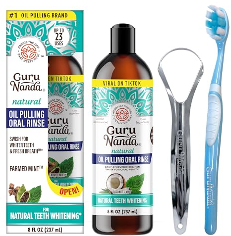 GuruNanda Farmed Mint Pulling Mouthwash for Complete Oral Hygiene, 7 Essential Oils & Vitamins for Happy Teeth & Gums & Fresh Breath, Alcohol-Free, (237ml)