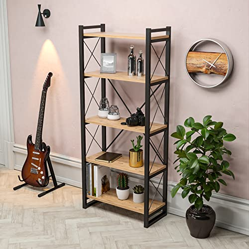 [en.casa] Librería de 5 Niveles Estantería de Pie Abierta Biblioteca para Salón Oficina Aglomerado/Metal 180 x 65 x 30 cm - Efecto Madera y Negro