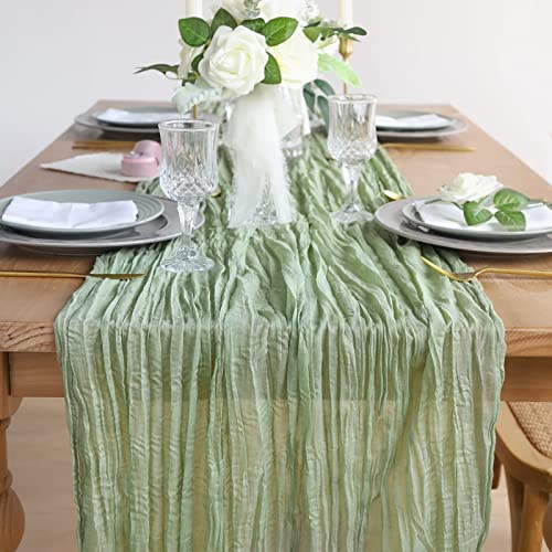 DROMCOM 2 Stück 90 x 300cm Salbeigrün Seihtuch Boho Rustikaler Gaze Tischläufer, Romantischer Halbtransparenter Grün Stoff Tischdecke für Hochzeit Dekoration
