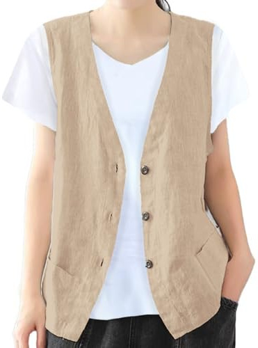IDEALSANXUN Vests for Women Sleeveless Blazer Casual Cotton Linen Lightweight Summer Jackets Fashion Waistcoat Tops Clothes(Khaki, XXL)