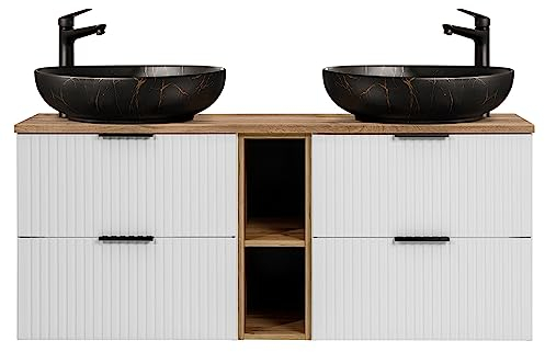 Lomadox Waschtisch 140cm mit 2 Aufsatzbecken, weiß mit Eiche Nb., Front gerillt, Keramikwaschbecken schwarz mit goldfarbener Marmorierung